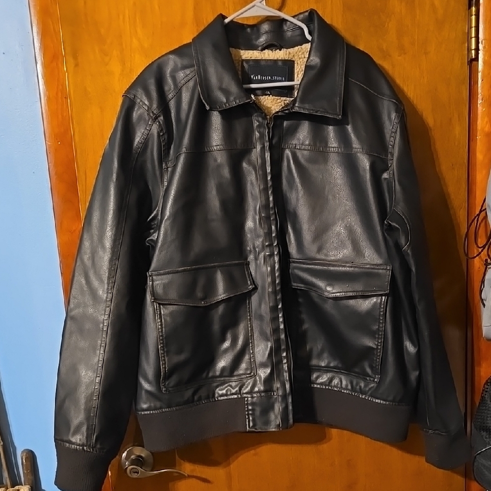 Van Heusen Faux Dark Brown/Black Leather Bomber Jacket for Men Size XXL